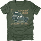Moss t-shirt featuring expedition grade grocery getter off-road vehicle graphic shown from the front by Trail Snark.