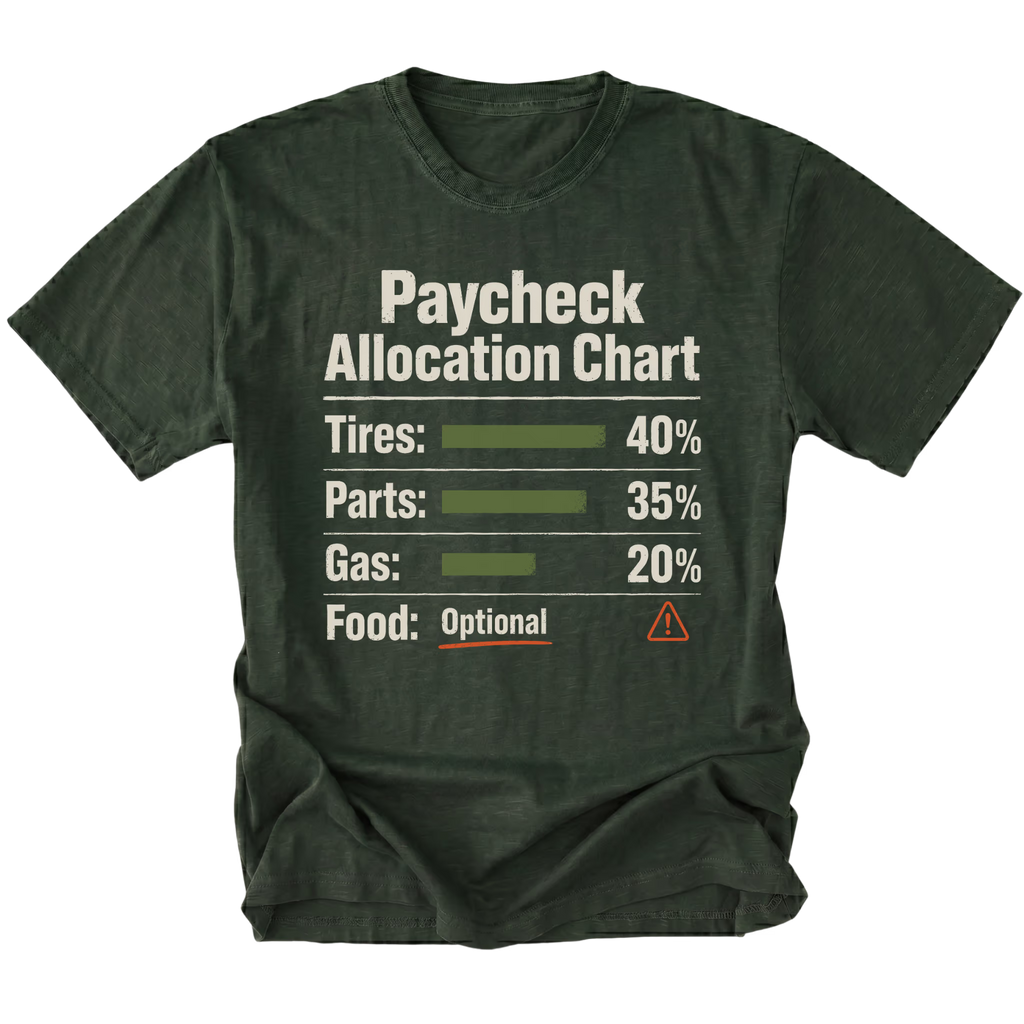 Moss T-shirt with a Paycheck Allocation Chart design shown from the front by Trail Snark.