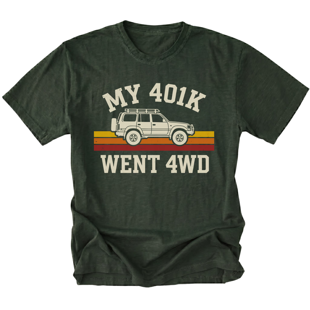 Moss T-Shirt featuring My 401K Went 4WD design with off-road SUV graphic on front view by Trail Snark.