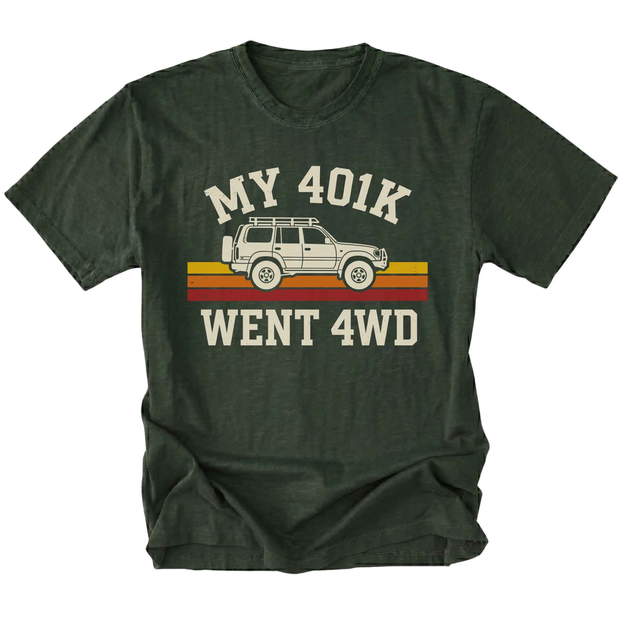 Moss T-Shirt featuring My 401K Went 4WD design with off-road SUV graphic on front view by Trail Snark.