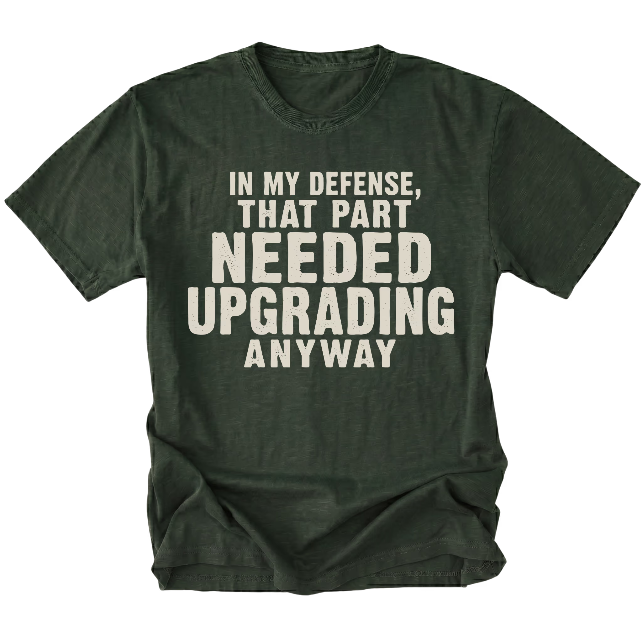 Moss t-shirt featuring the Needed Upgrading design on the front by Trail Snark.