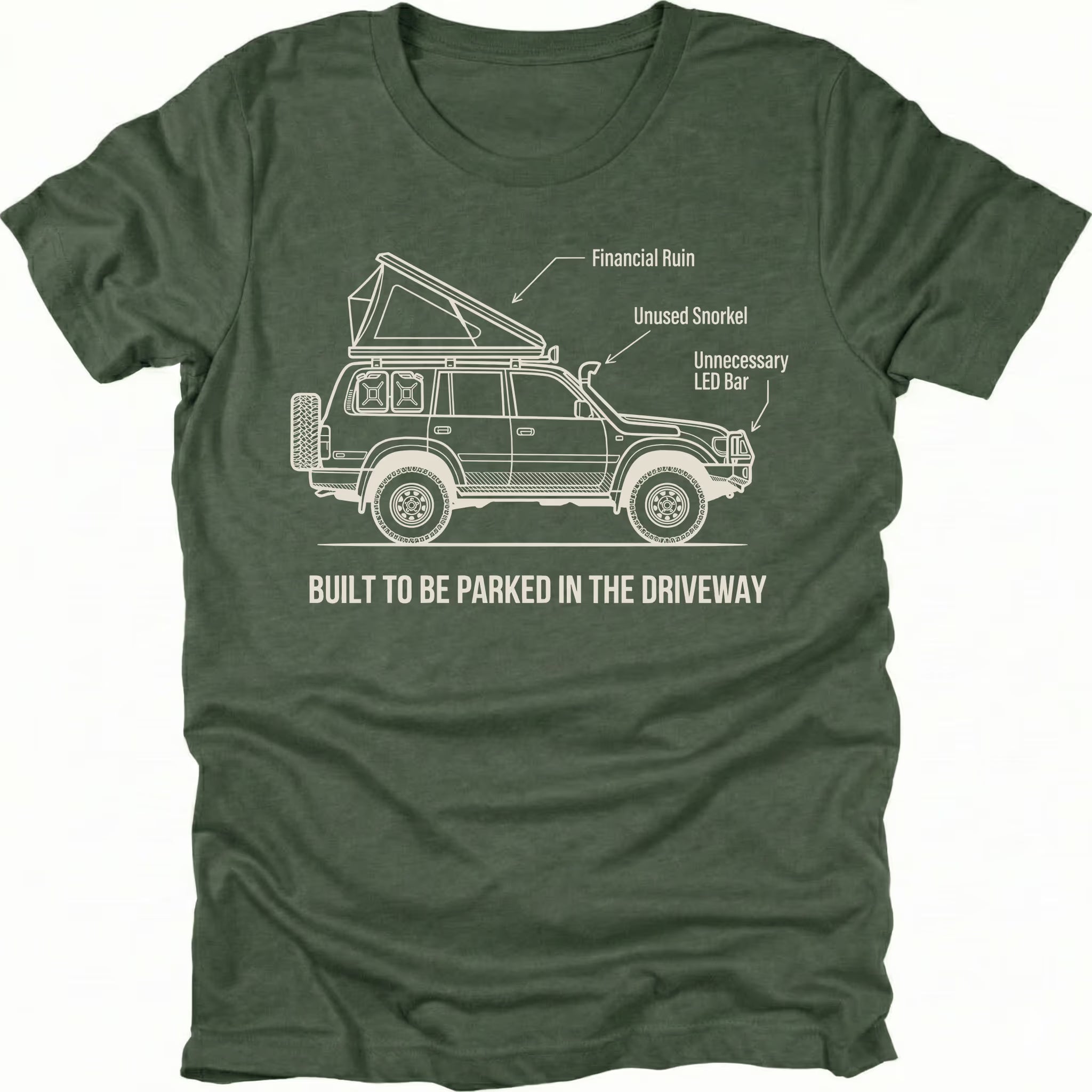 Moss t-shirt featuring built to be parked in the driveway vehicle diagram graphic shown from the front by Trail Snark.