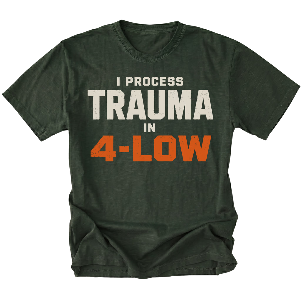 Moss t-shirt featuring the 4-Low Trauma design on the front by Trail Snark.