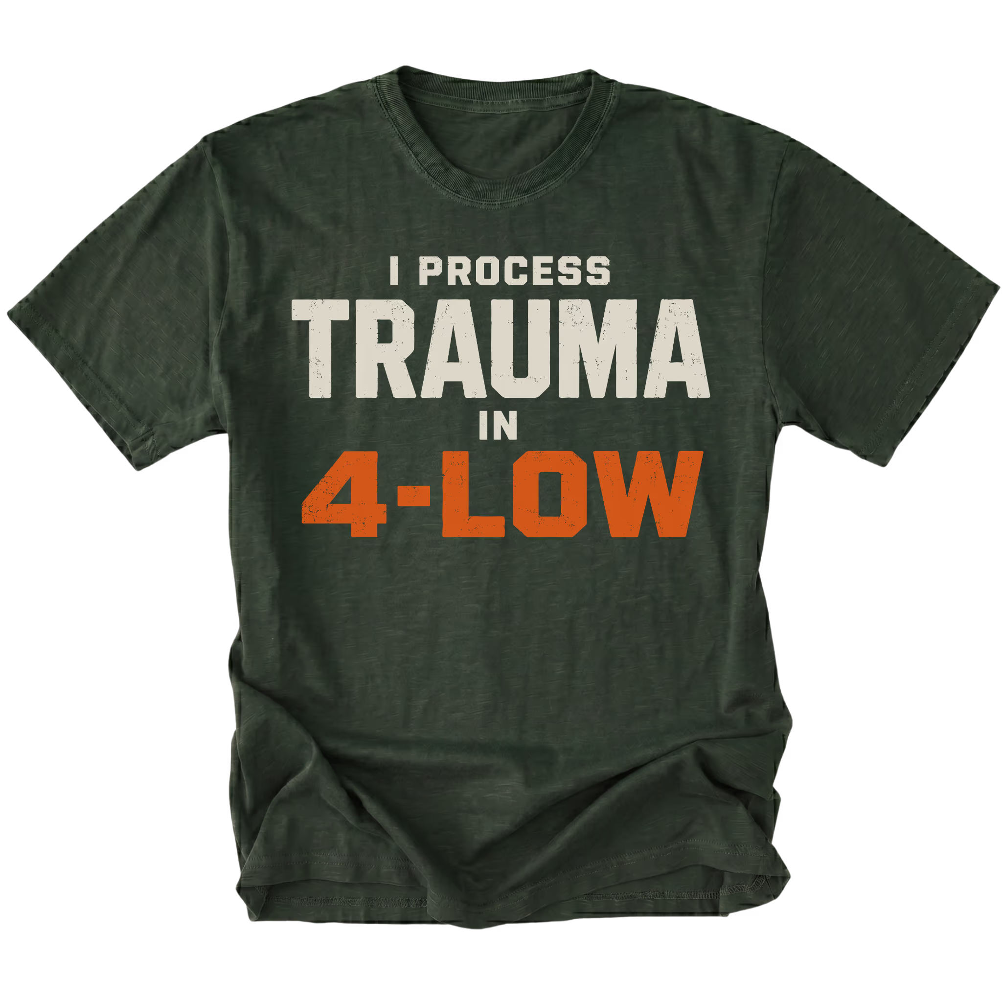 Moss t-shirt featuring the 4-Low Trauma design on the front by Trail Snark.