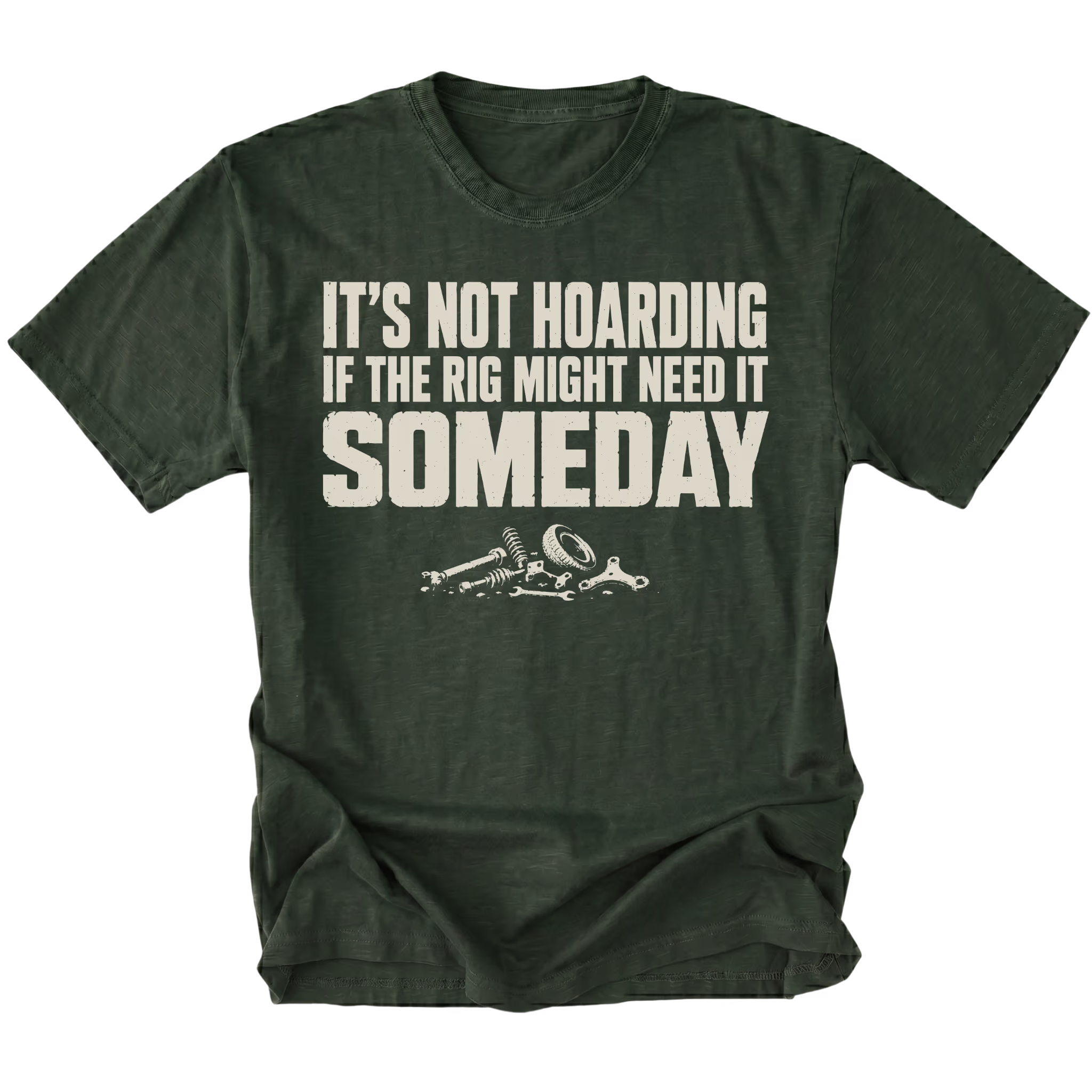 Moss t-shirt featuring the Parts Hoard design on the front by Trail Snark.