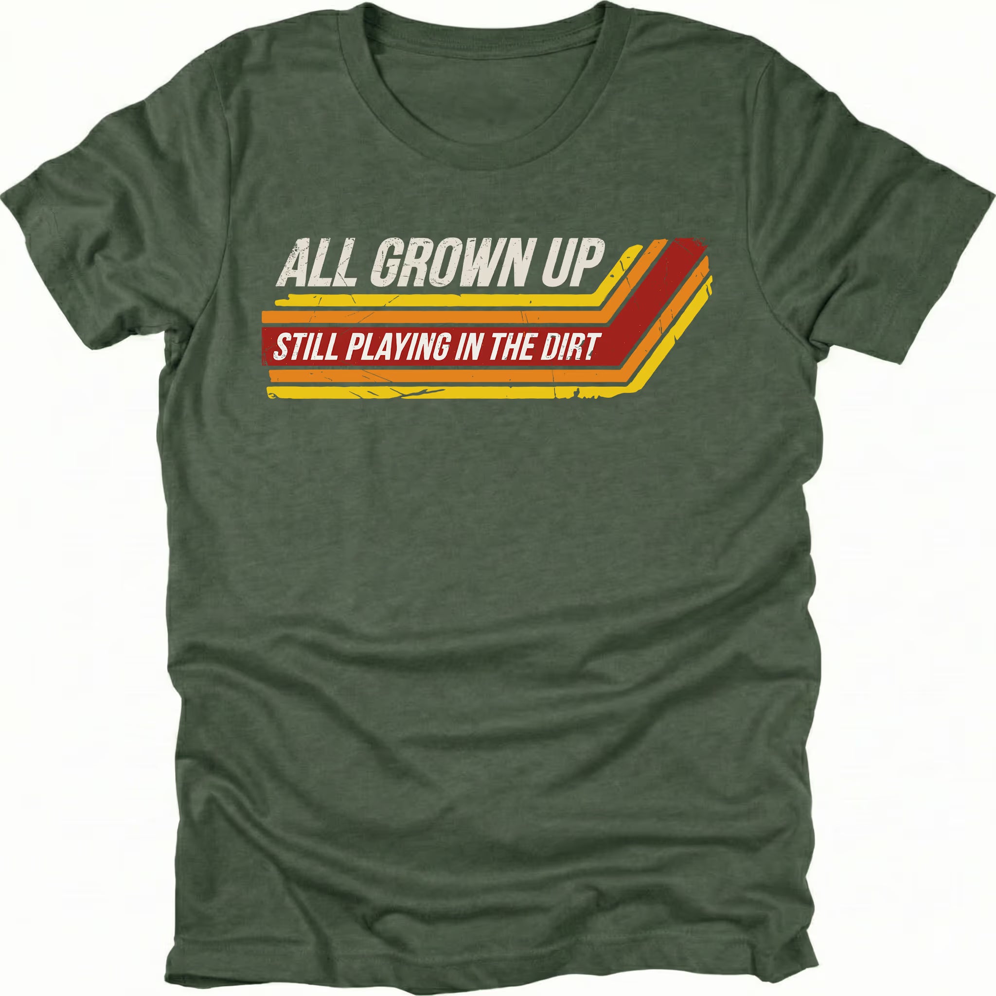 Moss t-shirt featuring all grown up still playing in the dirt retro stripe graphic shown from the front by Trail Snark.