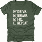 Moss t-shirt featuring drive break fix repeat checklist text graphic shown from the front by Trail Snark.