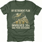 Moss t-shirt featuring an off-road Jeep climbing over coins and a downward graph with text reading My Retirement Plan Involves 35s and Poor Decisions, front view by Trail Snark.