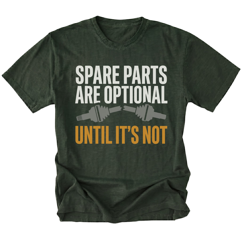 Moss T-Shirt featuring the Spare Parts Are Optional Until It’s Not design with a broken axle graphic on the front view by Trail Snark.