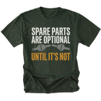 Moss T-Shirt featuring the Spare Parts Are Optional Until It’s Not design with a broken axle graphic on the front view by Trail Snark.