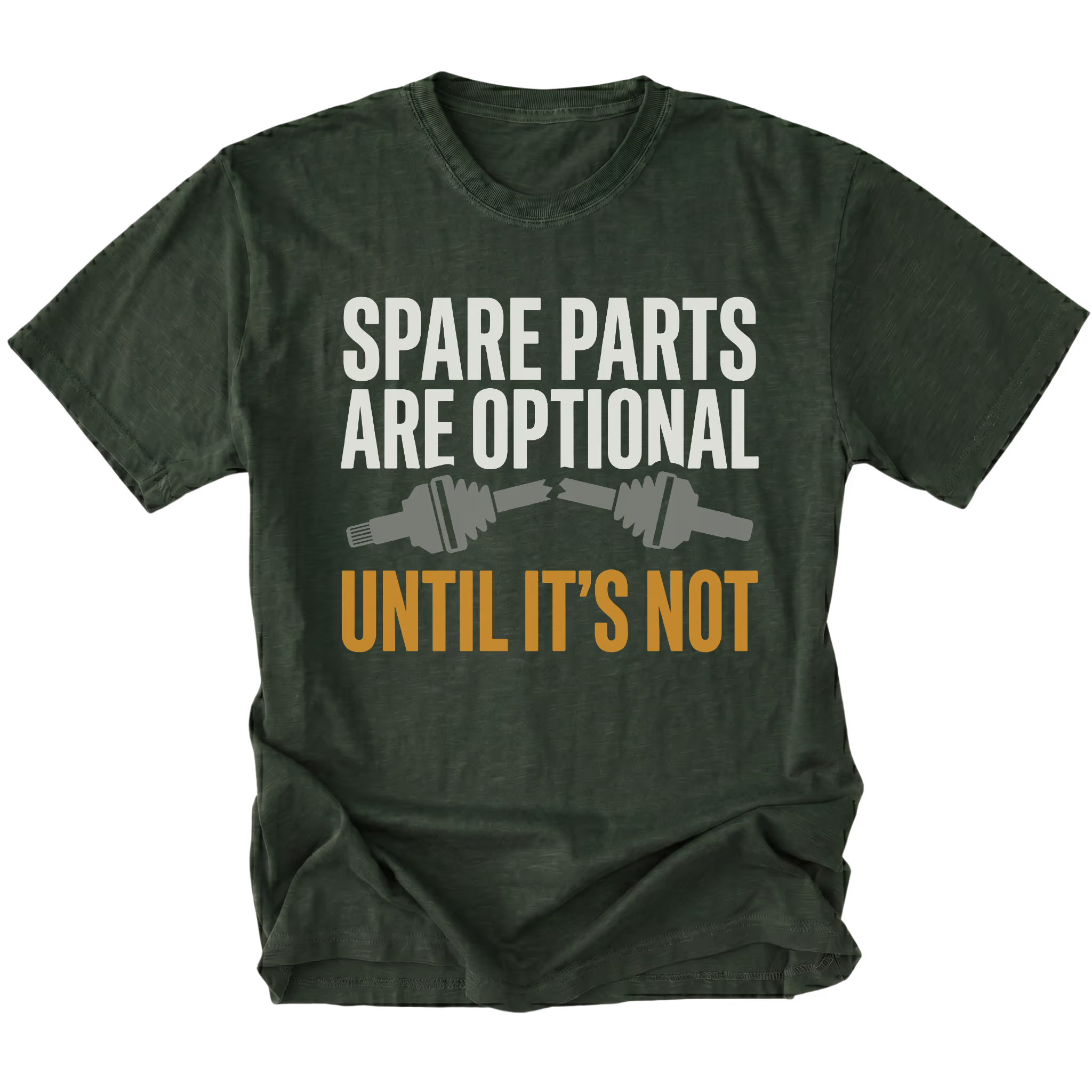Moss T-Shirt featuring the Spare Parts Are Optional Until It’s Not design with a broken axle graphic on the front view by Trail Snark.