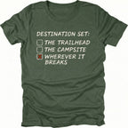 Moss t-shirt featuring destination set wherever it breaks checklist graphic shown from the front by Trail Snark.