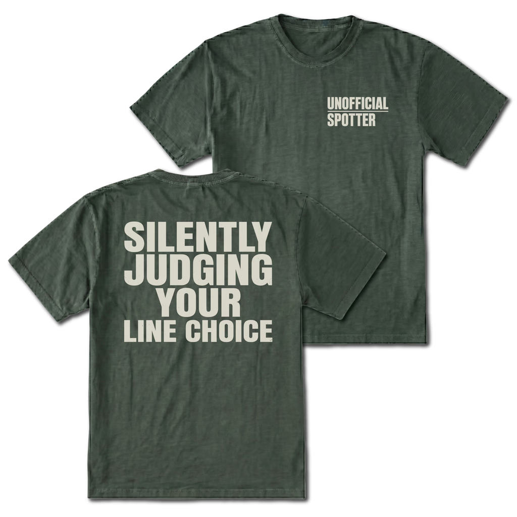 Moss T-shirt with Silently Judging Your Line Choice back design and Unofficial Spotter front chest print by Trail Snark.