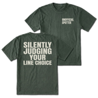 Moss T-shirt with Silently Judging Your Line Choice back design and Unofficial Spotter front chest print by Trail Snark.