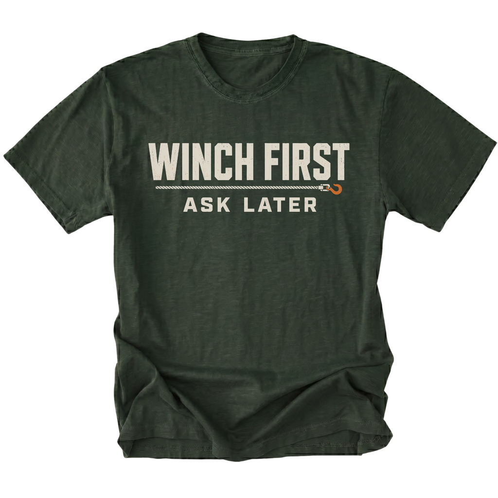 Moss T-Shirt with Winch First Ask Later off-road recovery design shown from the front by Trail Snark.