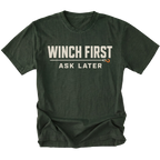 Moss T-Shirt with Winch First Ask Later off-road recovery design shown from the front by Trail Snark.