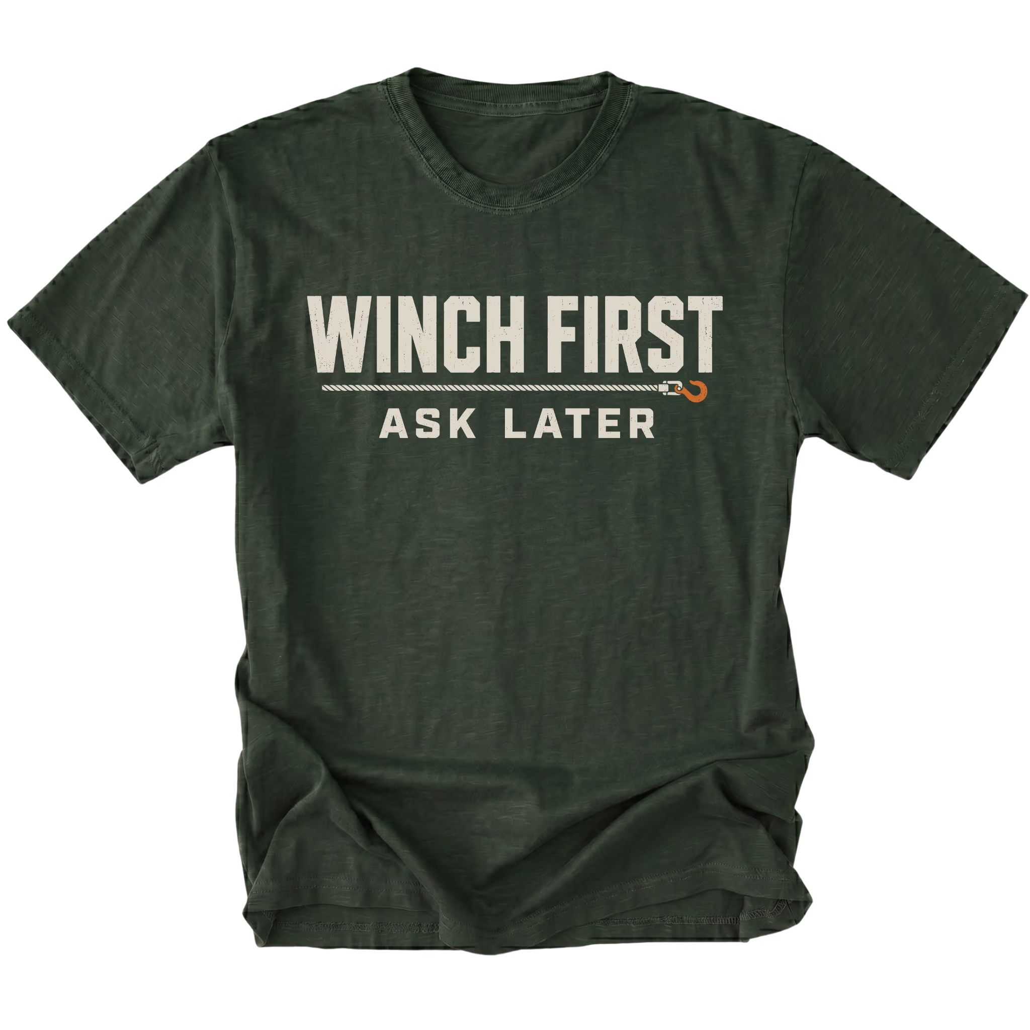 Moss T-Shirt with Winch First Ask Later off-road recovery design shown from the front by Trail Snark.