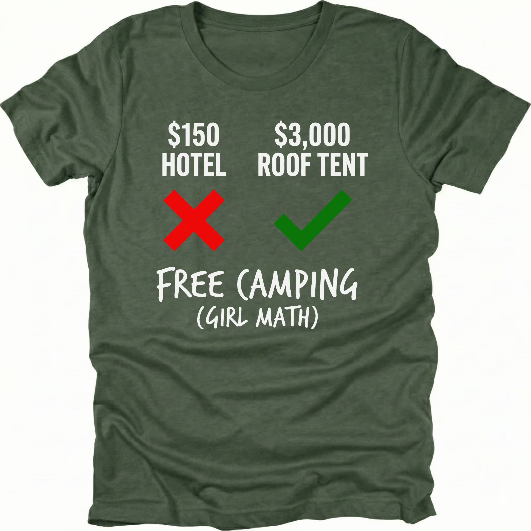 Moss t-shirt showing hotel versus roof tent price comparison graphic with free camping girl math text on the front.