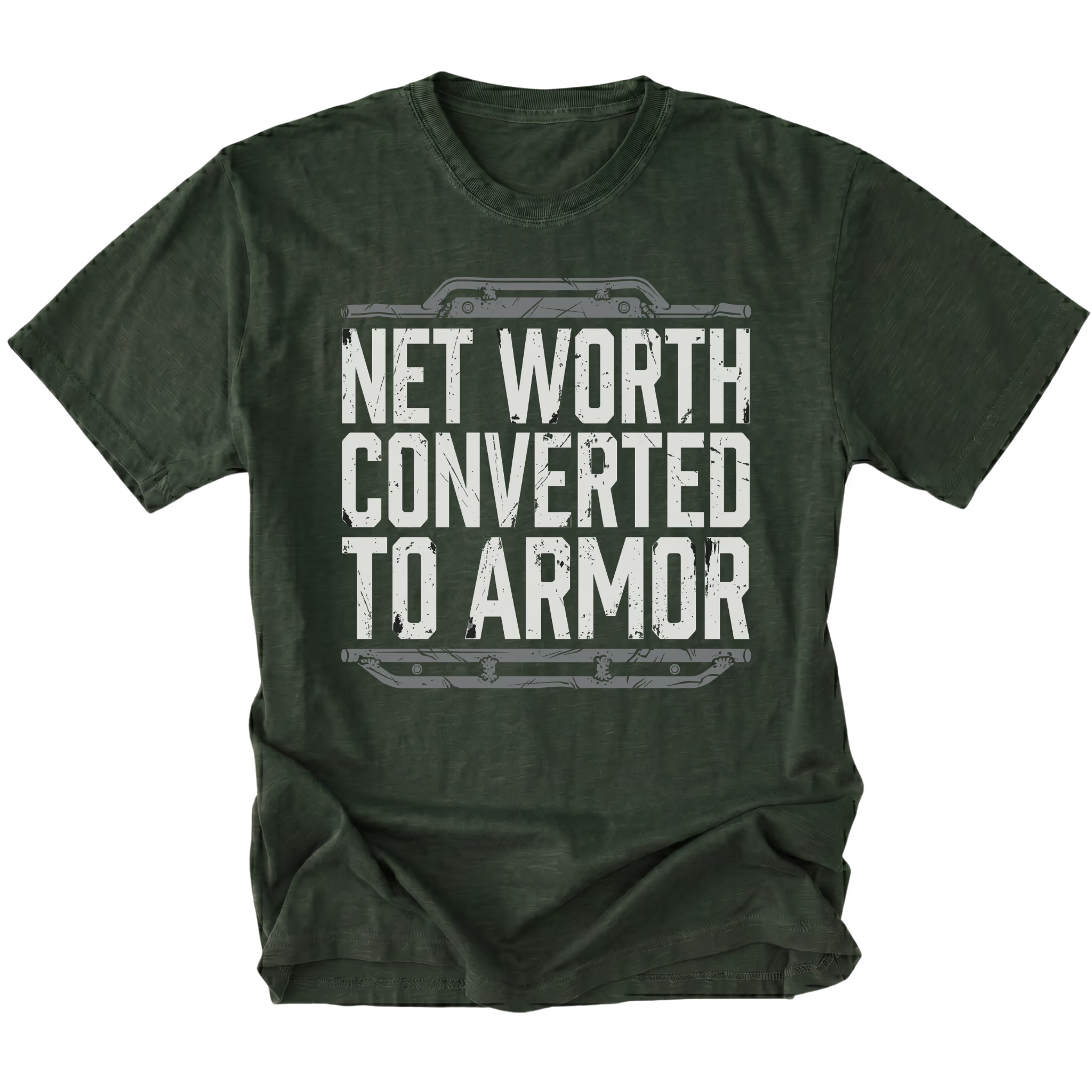 Moss T-shirt featuring the Net Worth Converted To Armor design on the front by Trail Snark.