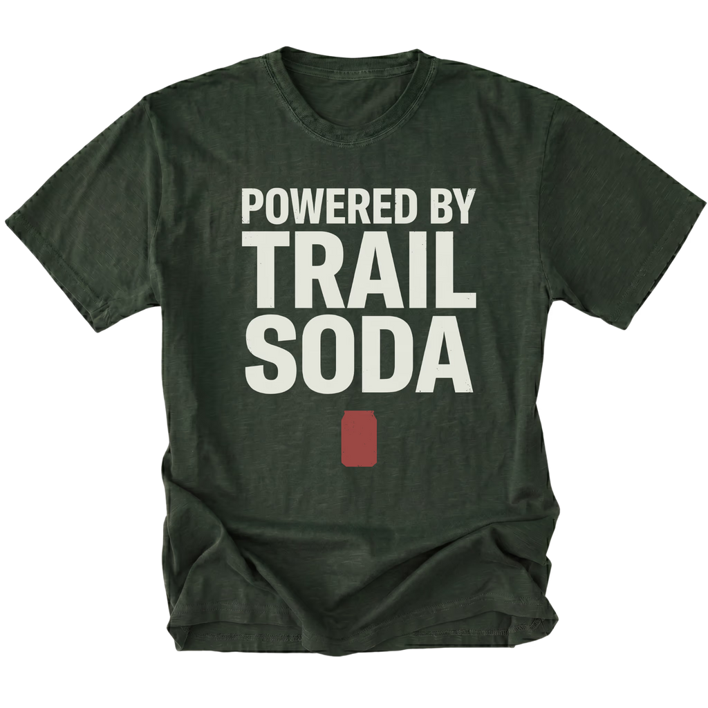 Moss T-Shirt featuring the Powered by Trail Soda design with a red can graphic on the front view by Trail Snark.