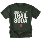 Moss T-Shirt featuring the Powered by Trail Soda design with a red can graphic on the front view by Trail Snark.