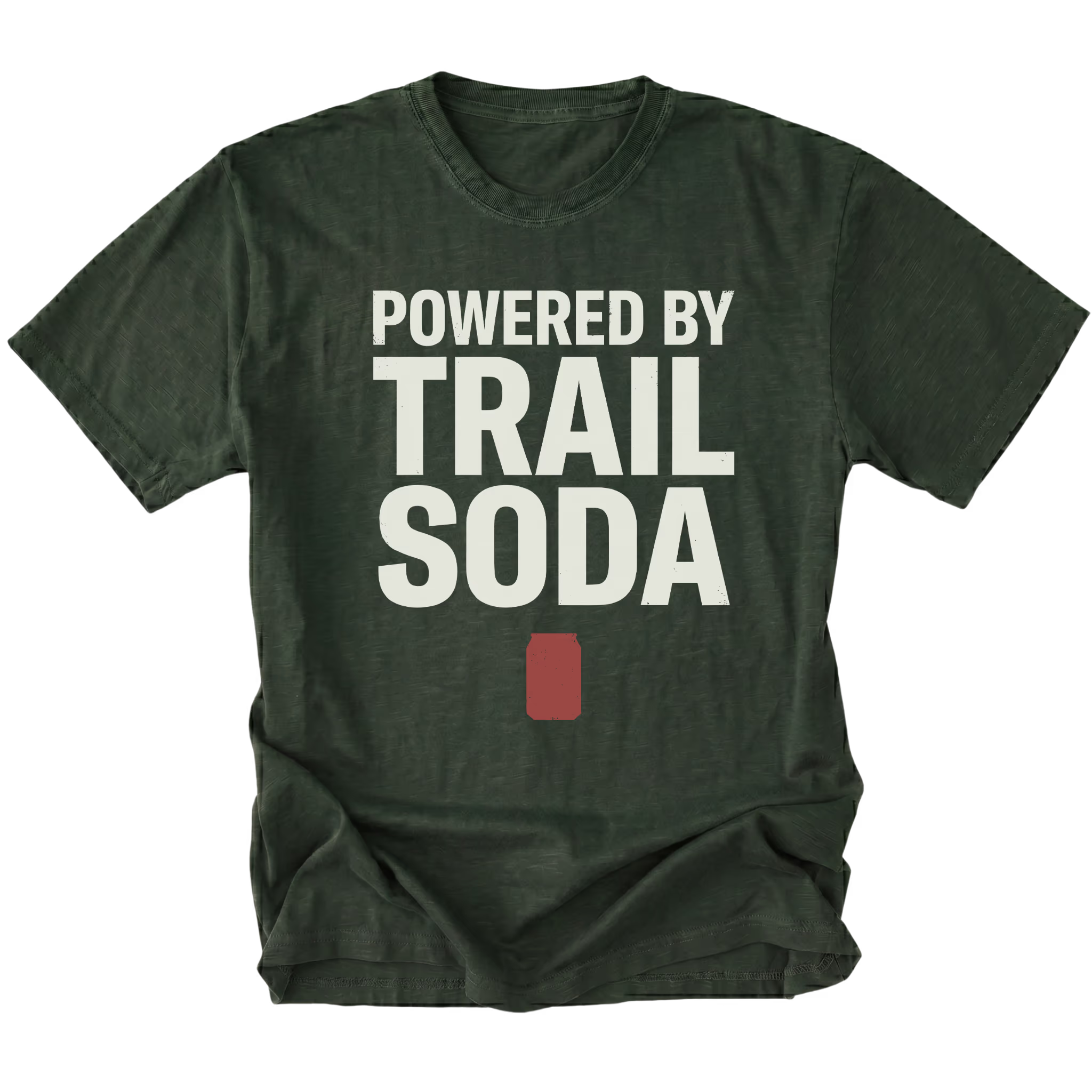 Moss T-Shirt featuring the Powered by Trail Soda design with a red can graphic on the front view by Trail Snark.