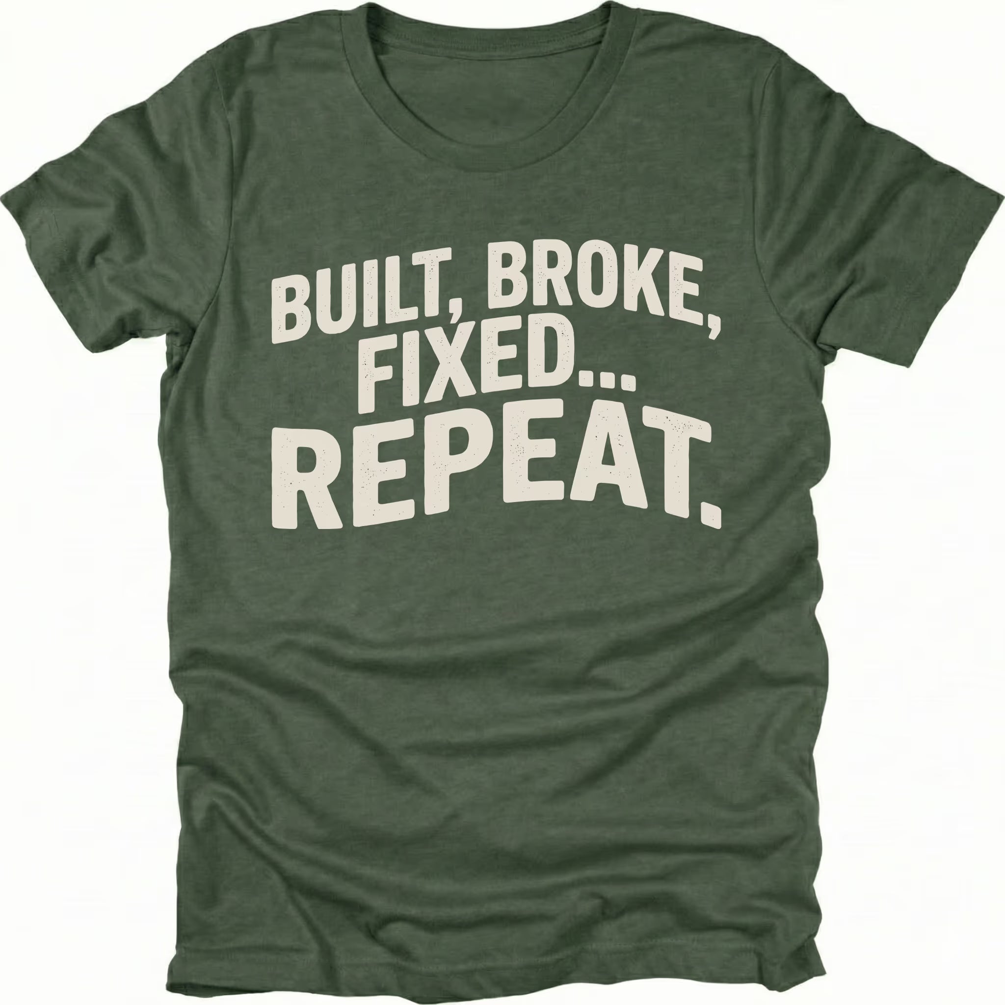 Moss t-shirt featuring built broke fixed repeat bold text graphic shown from the front by Trail Snark.