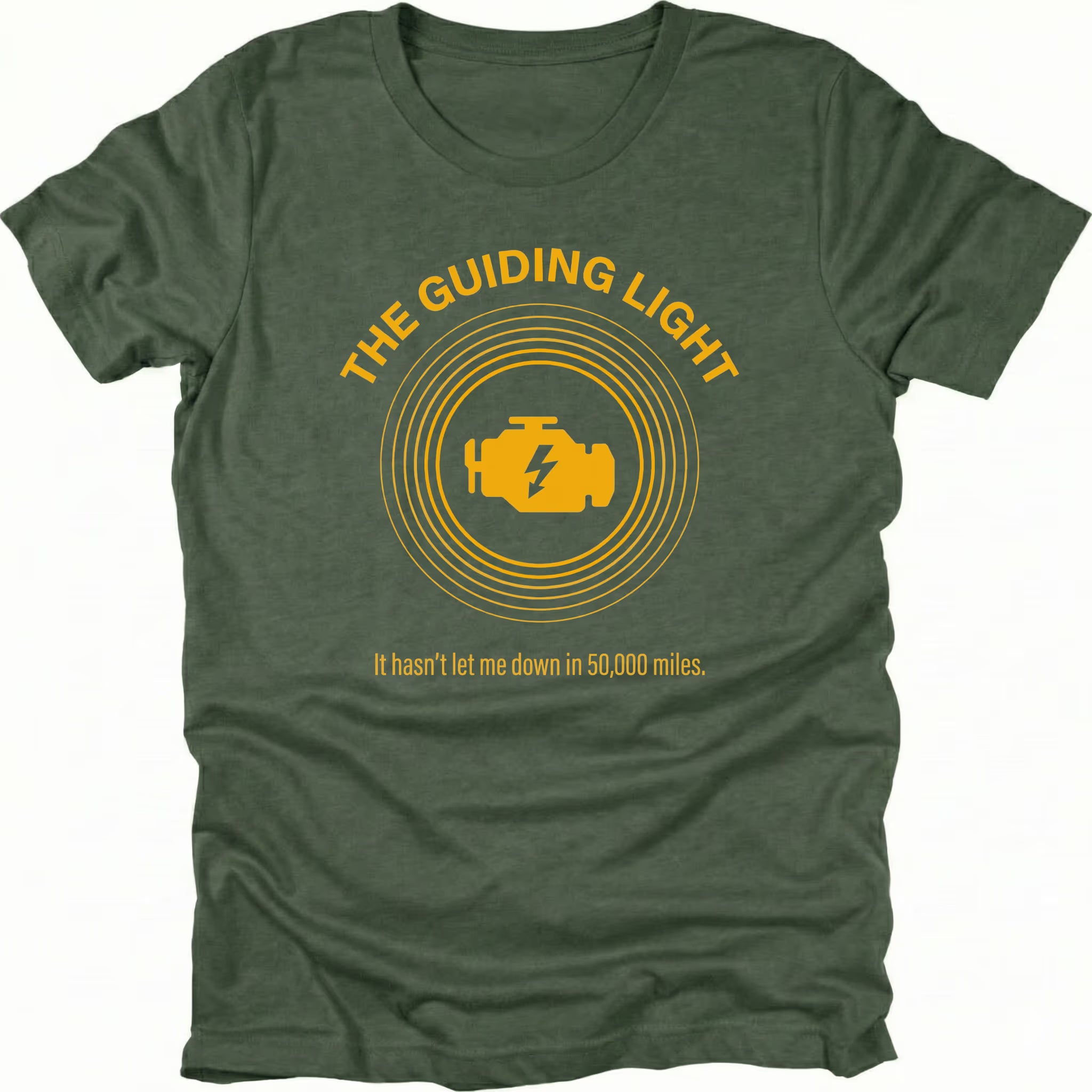 Moss T-Shirt with circular graphic and check engine light icon reading “The Guiding Light” shown on front view by Trail Snark.