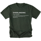 Moss T-Shirt with dictionary-style “Overlanding” definition text shown on front view by Trail Snark.