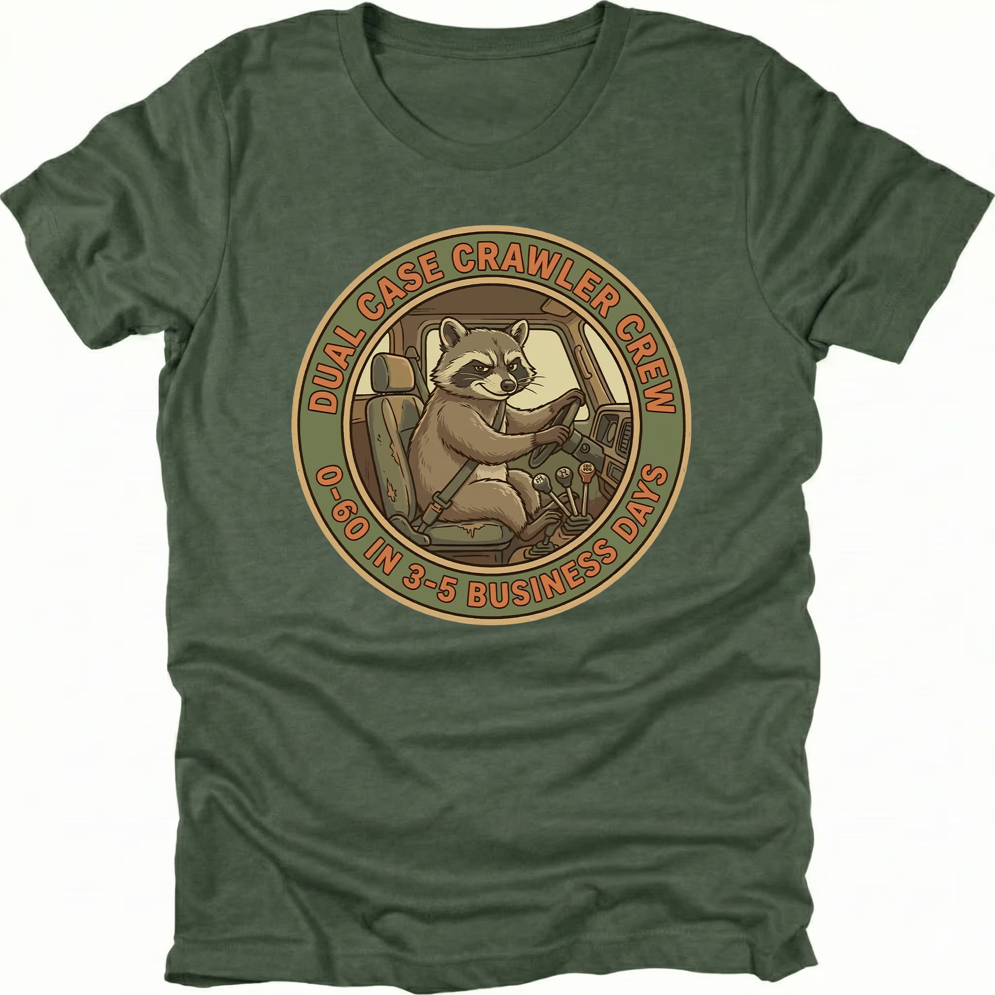 Moss t-shirt featuring a raccoon driving a crawler with dual case crawler crew circular badge graphic shown from the front by Trail Snark.