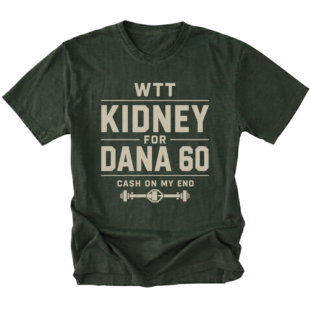 Moss T-shirt with a WTT Kidney For Dana 60 off-road axle trade design shown from the front by Trail Snark.
