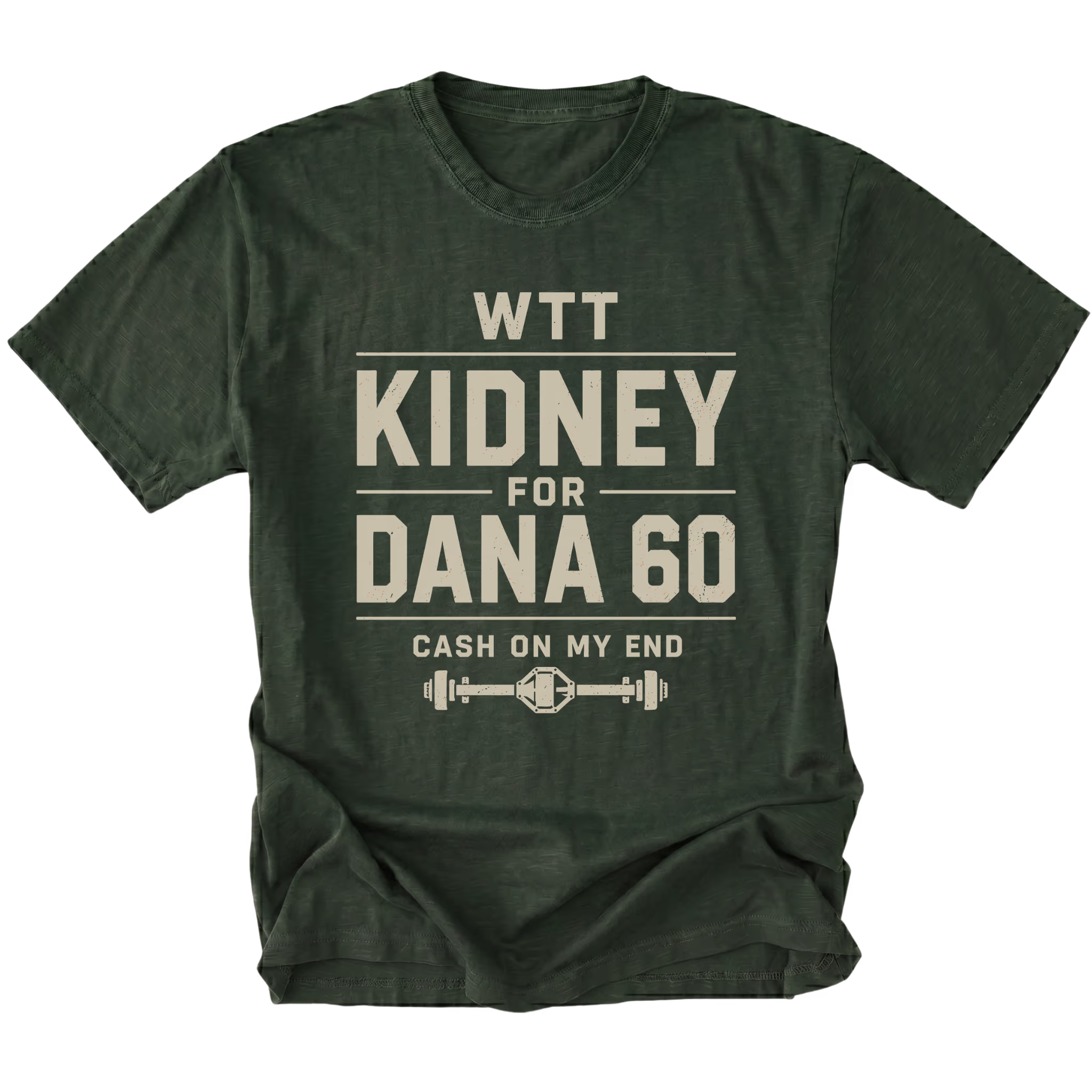 Moss T-shirt with a WTT Kidney For Dana 60 off-road axle trade design shown from the front by Trail Snark.
