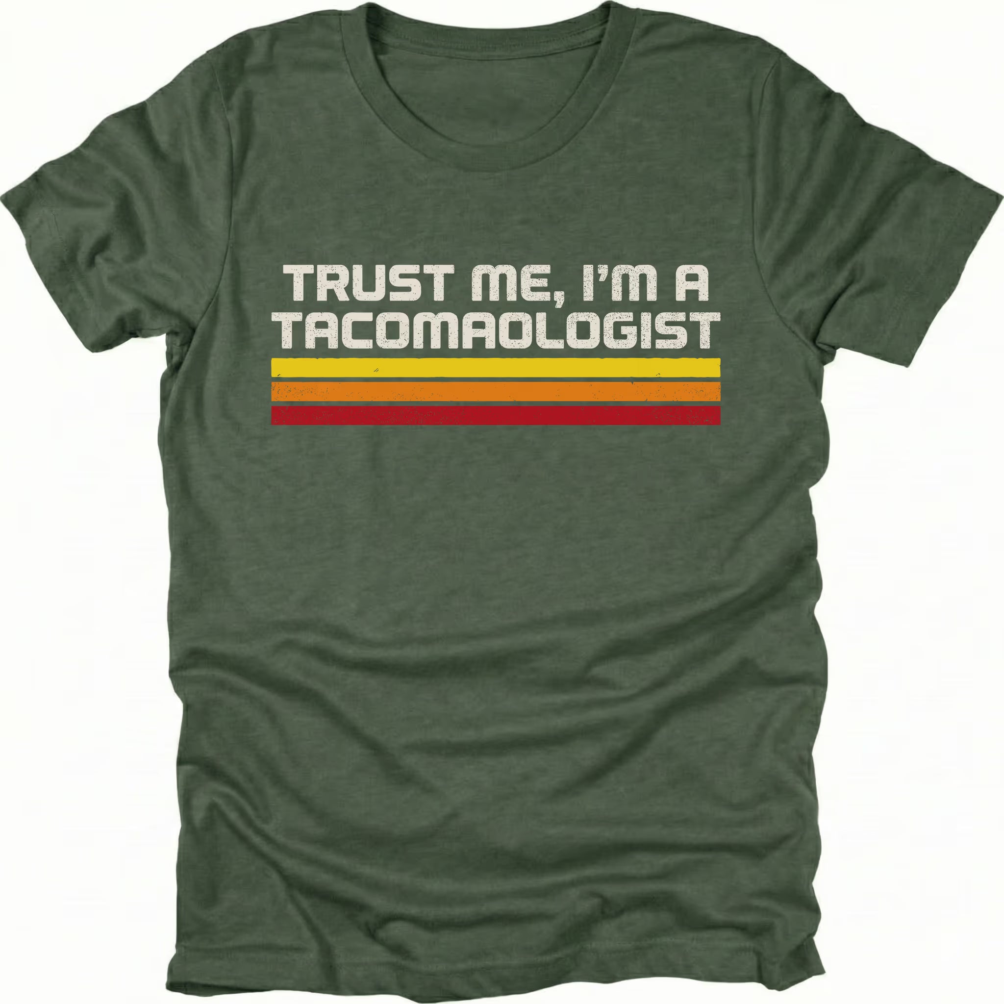Moss t-shirt with retro stripes and the phrase “Trust Me, I’m a Tacomaologist” printed on the front by Trail Snark.