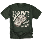 A moss green t-shirt featuring a graphic print of a car engine block with the text 'THE SKID PLATE KNOWS THE WAY' in a distressed off-white font.