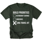 Moss T-Shirt featuring Build Priorities checklist highlighting long travel kit on front view by Trail Snark.