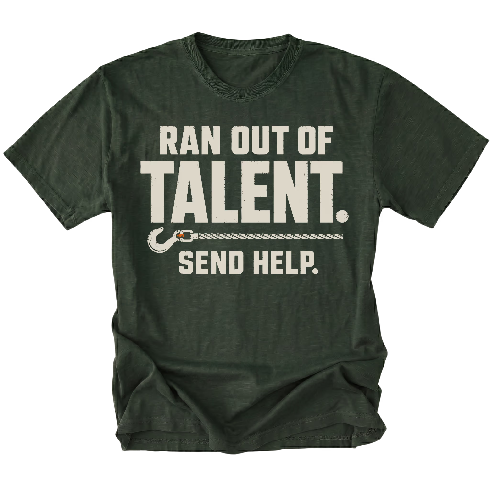 Moss T-shirt featuring the Out of Talent recovery hook design on the front by Trail Snark.