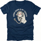 Navy t-shirt featuring an airing down is my therapy tire pressure gauge graphic shown from the front by Trail Snark.