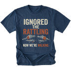 Navy T-Shirt with “Ignored The Rattling Now We’re Walking” broken axle design shown on front view by Trail Snark.