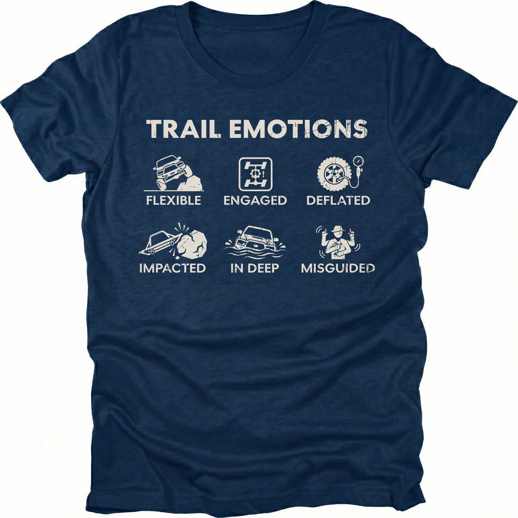 Navy t-shirt featuring Trail Emotions icons including flexible, engaged, deflated, impacted, in deep, and misguided trail situations by Trail Snark.