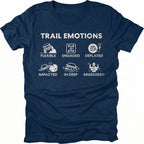 Navy t-shirt featuring Trail Emotions icons including flexible, engaged, deflated, impacted, in deep, and misguided trail situations by Trail Snark.