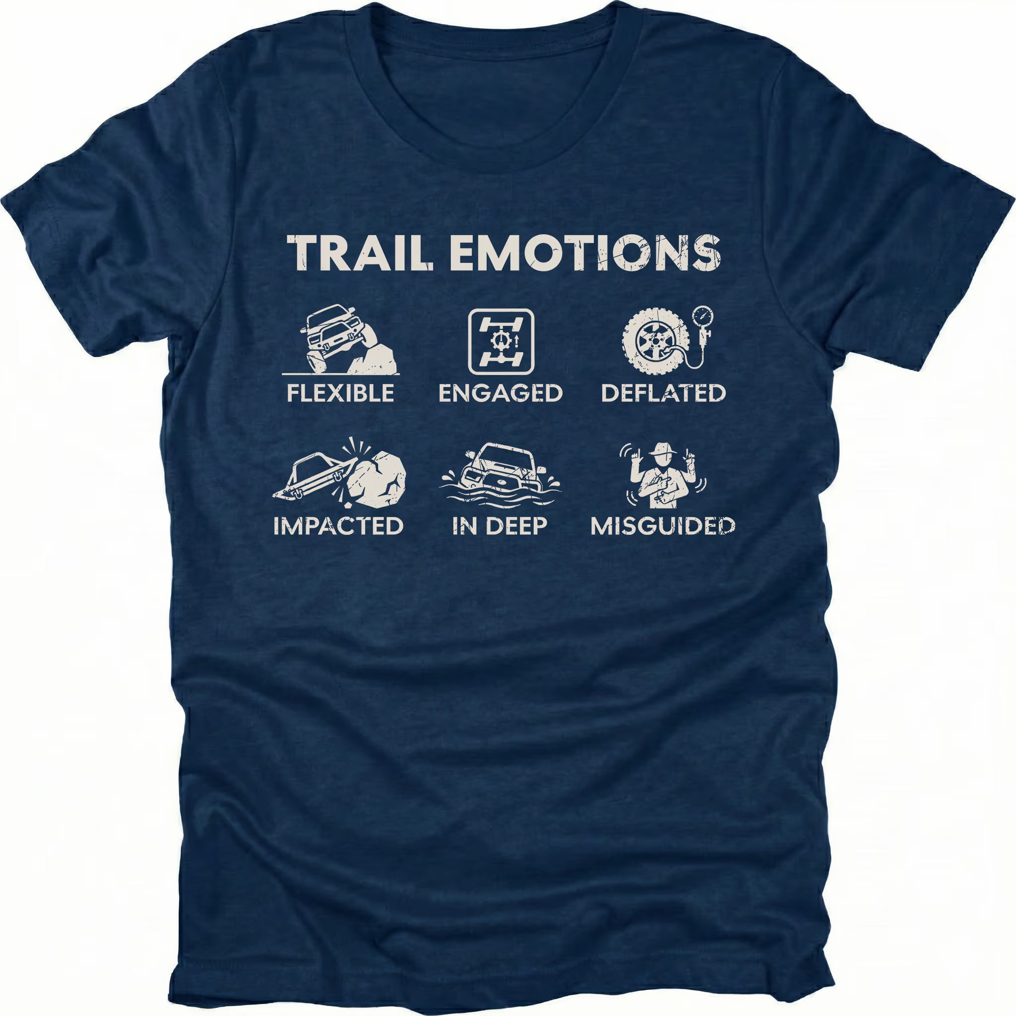 Navy t-shirt featuring Trail Emotions icons including flexible, engaged, deflated, impacted, in deep, and misguided trail situations by Trail Snark.