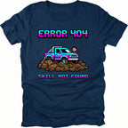 Navy t-shirt featuring pixel art off-road vehicle with error 404 skill not found text graphic shown from the front by Trail Snark.