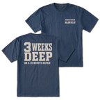 Navy T-shirt with 3 Weeks Deep On A 30 Minute Repair back design and Minor Repair Major Delay front chest print by Trail Snark.