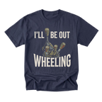 A navy blue short-sleeve t-shirt with a graphic print of a robot arm and the text 'I'LL BE OUT WHEELING' in off-white, shown on a plain white background.