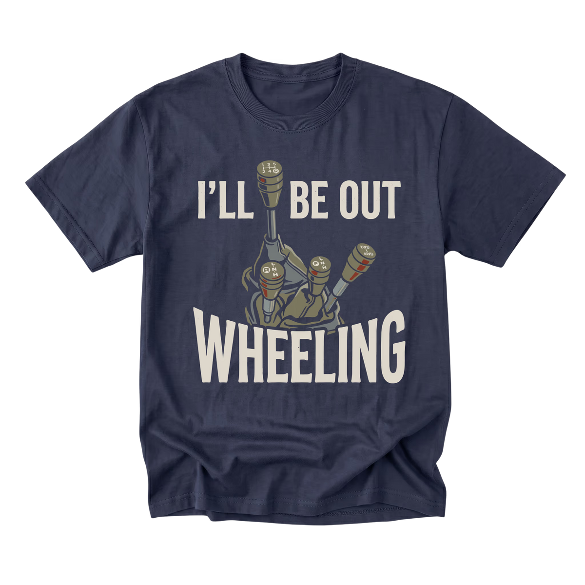 A navy blue short-sleeve t-shirt with a graphic print of a robot arm and the text 'I'LL BE OUT WHEELING' in off-white, shown on a plain white background.