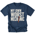 Navy T-Shirt featuring the My Own Worst Mechanic design on the front by Trail Snark.