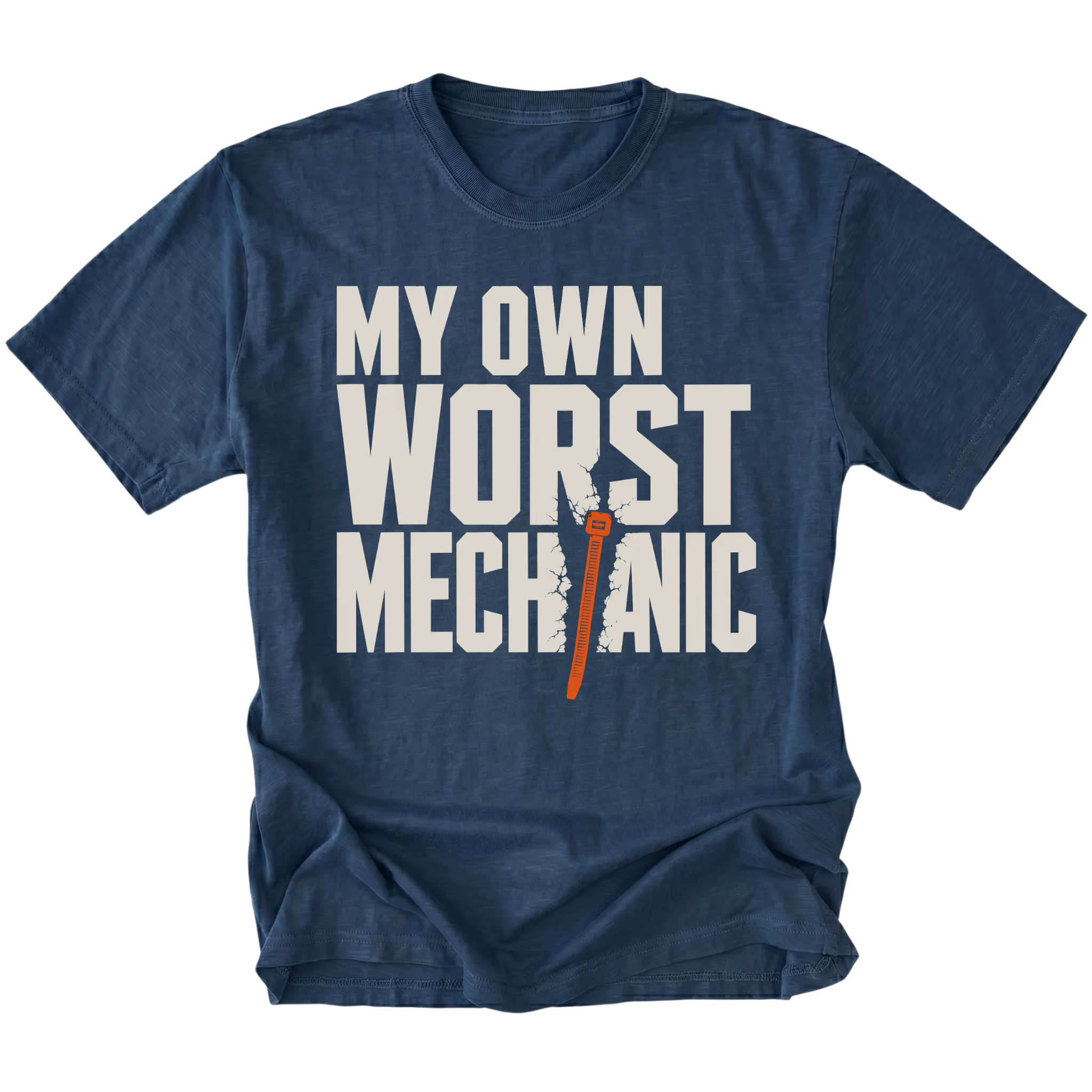 Navy T-Shirt featuring the My Own Worst Mechanic design on the front by Trail Snark.