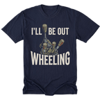 A navy blue short-sleeve t-shirt with a graphic of three manual gear shifters and the text 'I'LL BE OUT WHEELING' in a bold white font, displayed on a solid white background.
