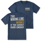 Two navy blue graphic t-shirts shown on a white background, displaying the front and back designs. The front features the text 'COMMIT HARDER' in white and yellow on the left chest.