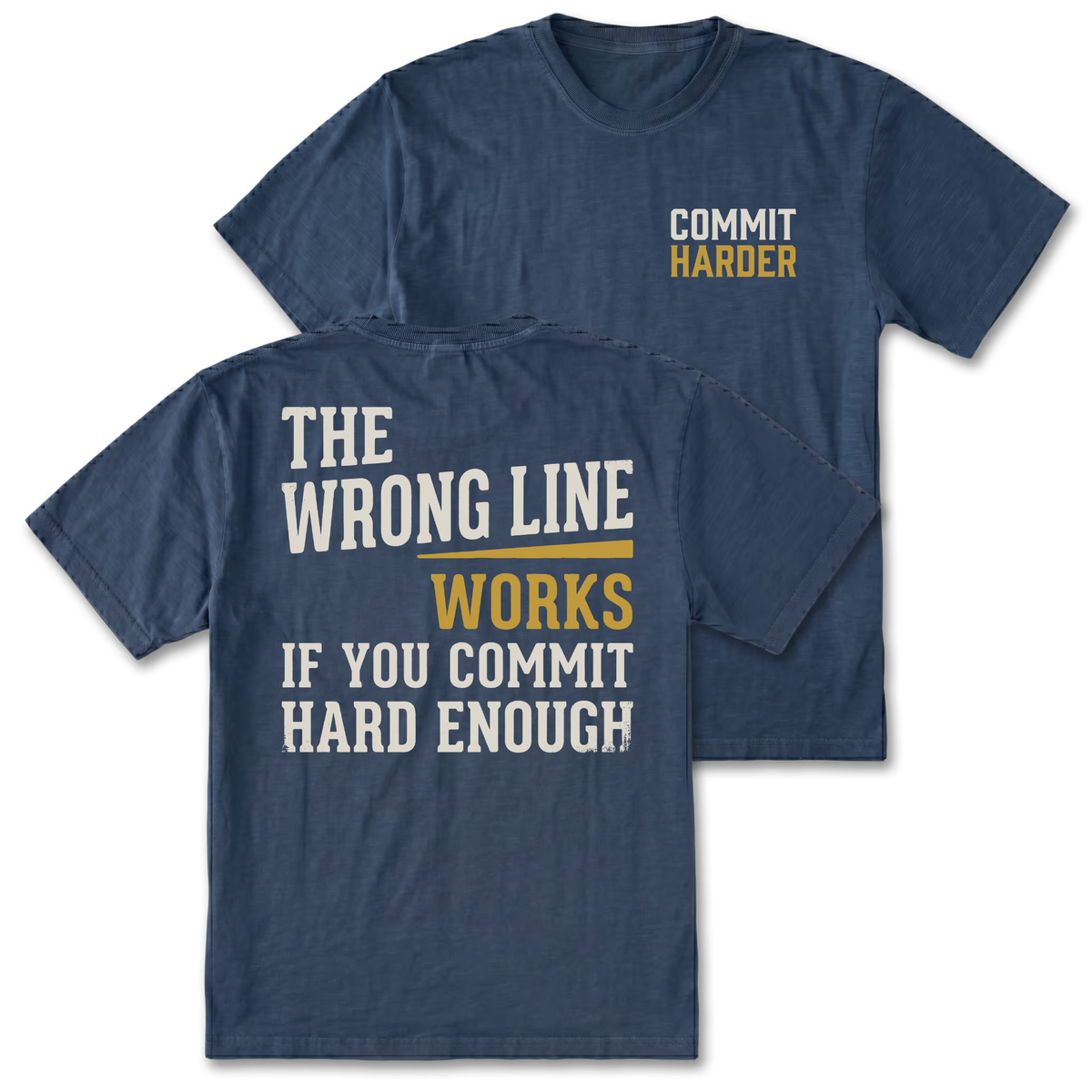 Two navy blue graphic t-shirts shown on a white background, displaying the front and back designs. The front features the text 'COMMIT HARDER' in white and yellow on the left chest.
